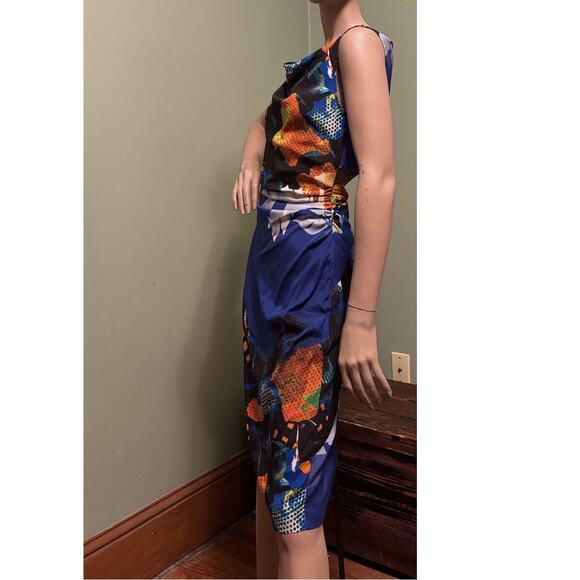 ETRO Blue Multi Floral Stretch Silk Sleeveless/Cowl/Ruched Sheath DRESS IT42/US6 - Picture 6 of 6